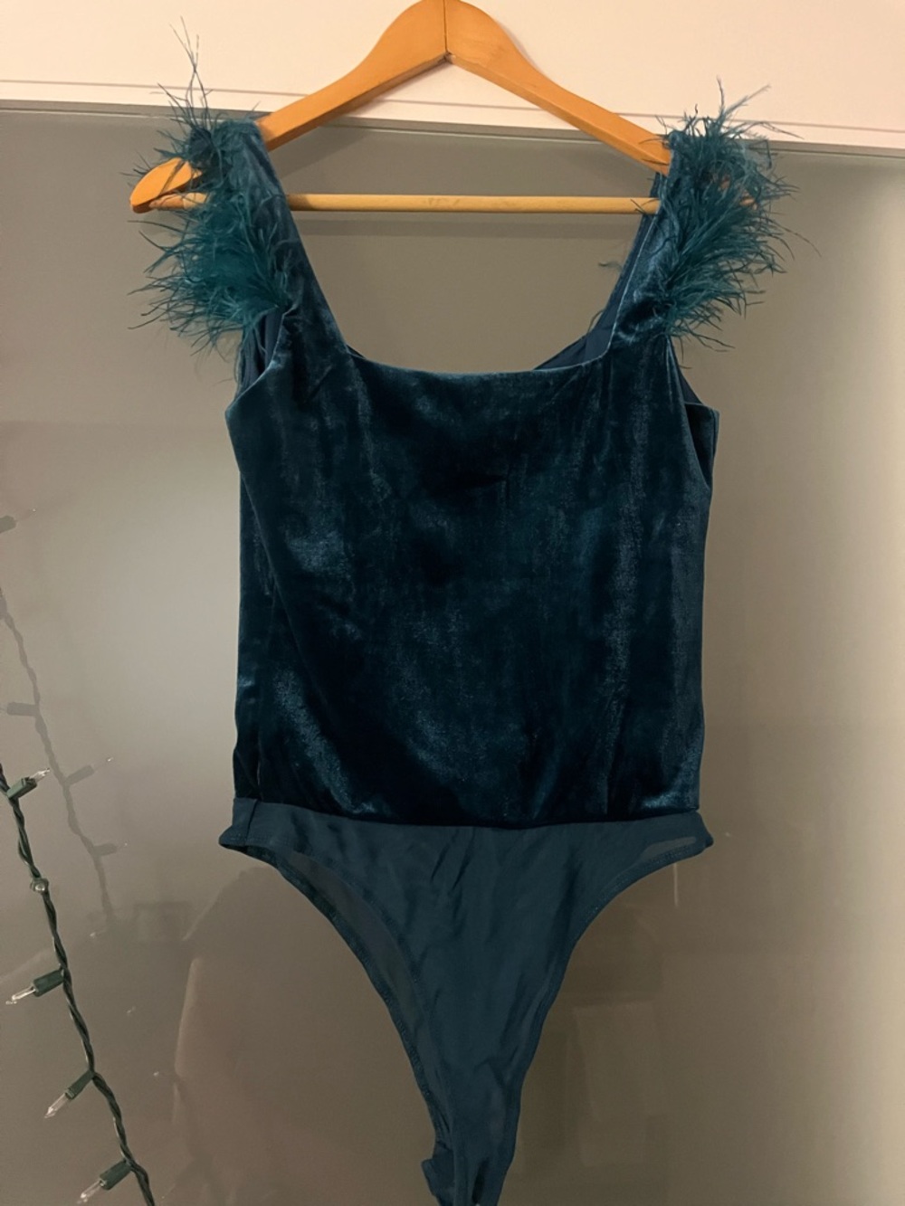 Lulu's Teal Velvet Feather-Trim Bodysuit - Picture 4 of 6